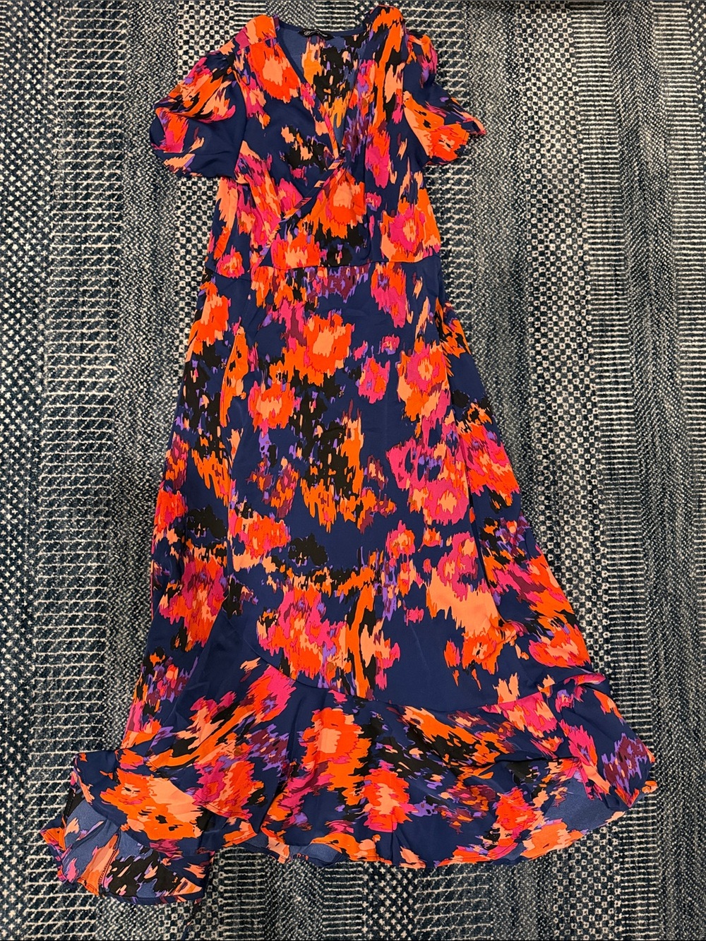Vibrant Abstract Floral Maxi Wrap Dress - Navy with Neon Accents
